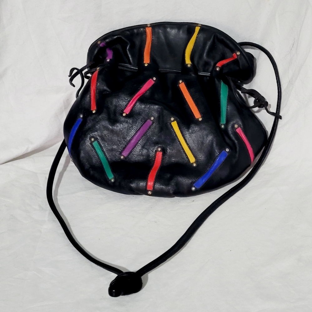 Vtg 90s Avante Black Leather Cinch Drawstring Handbag Purse